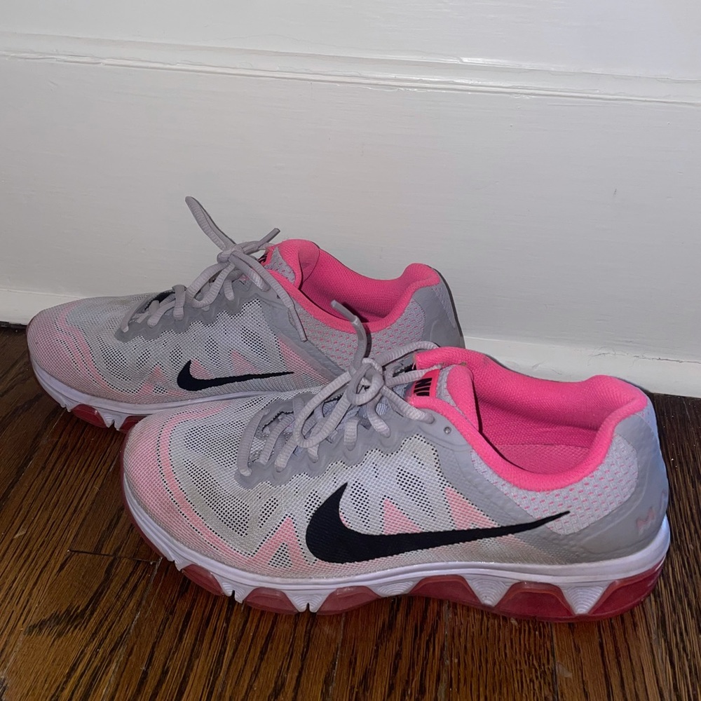 gray & pink Nike running sneakers